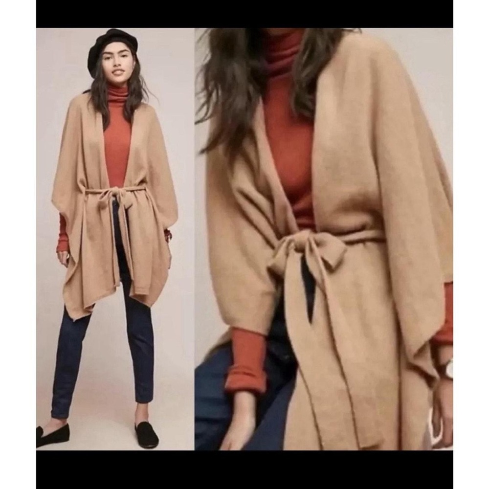 Anthropologie Camel Wrap Cardigan with Rust Turtleneck